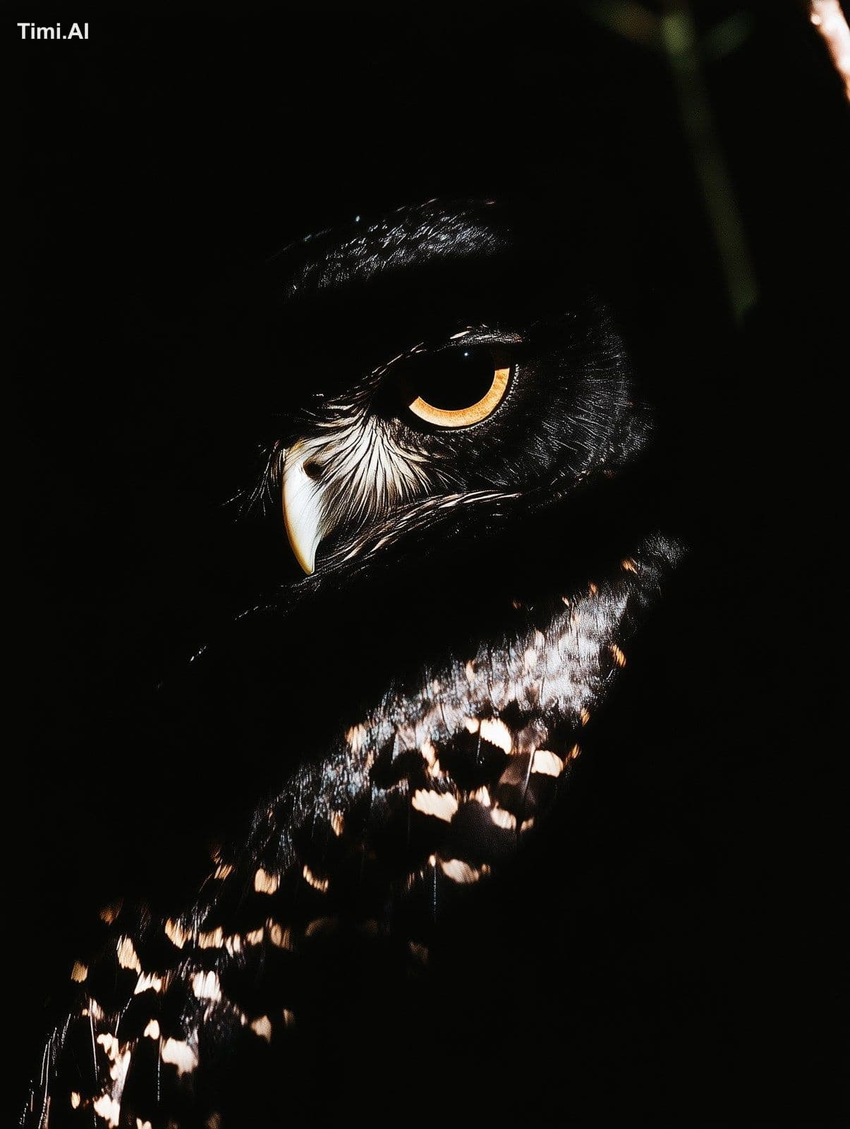 photograph of an owl in flight, against a dark background, w