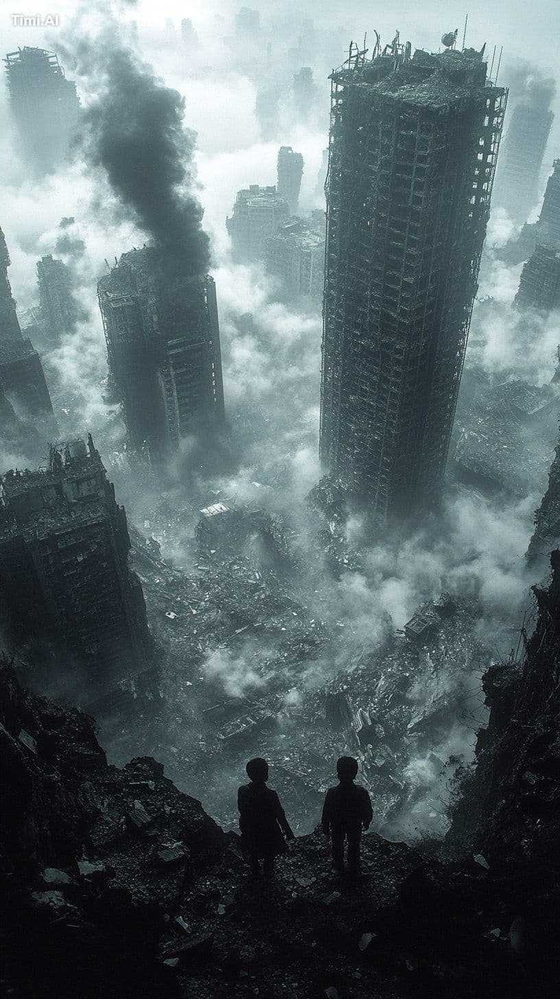 Black and white artistic photo of a vast ruined city seen fr
