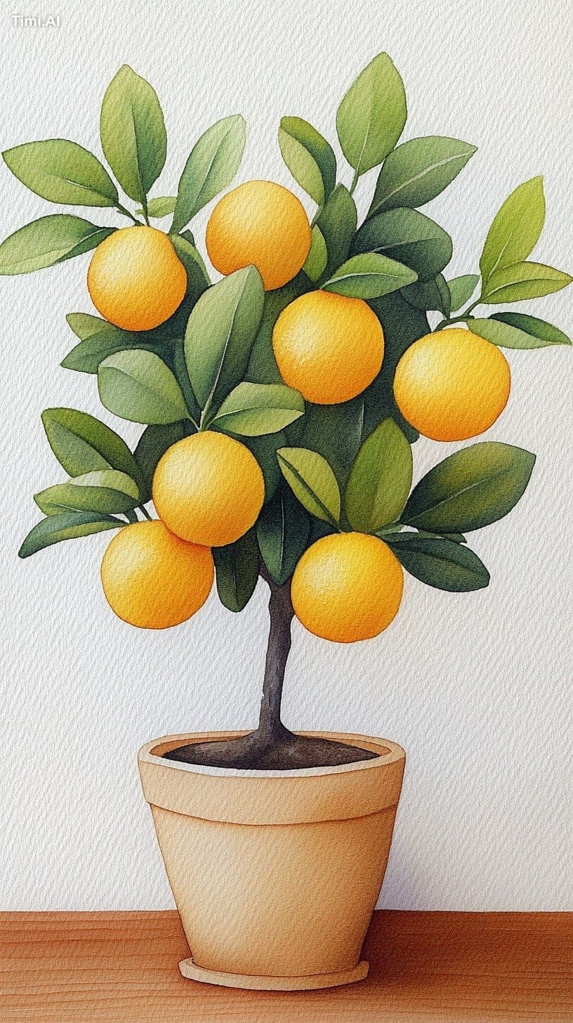 Vibrant watercolor painting of a citrus bonsai in a wooden a