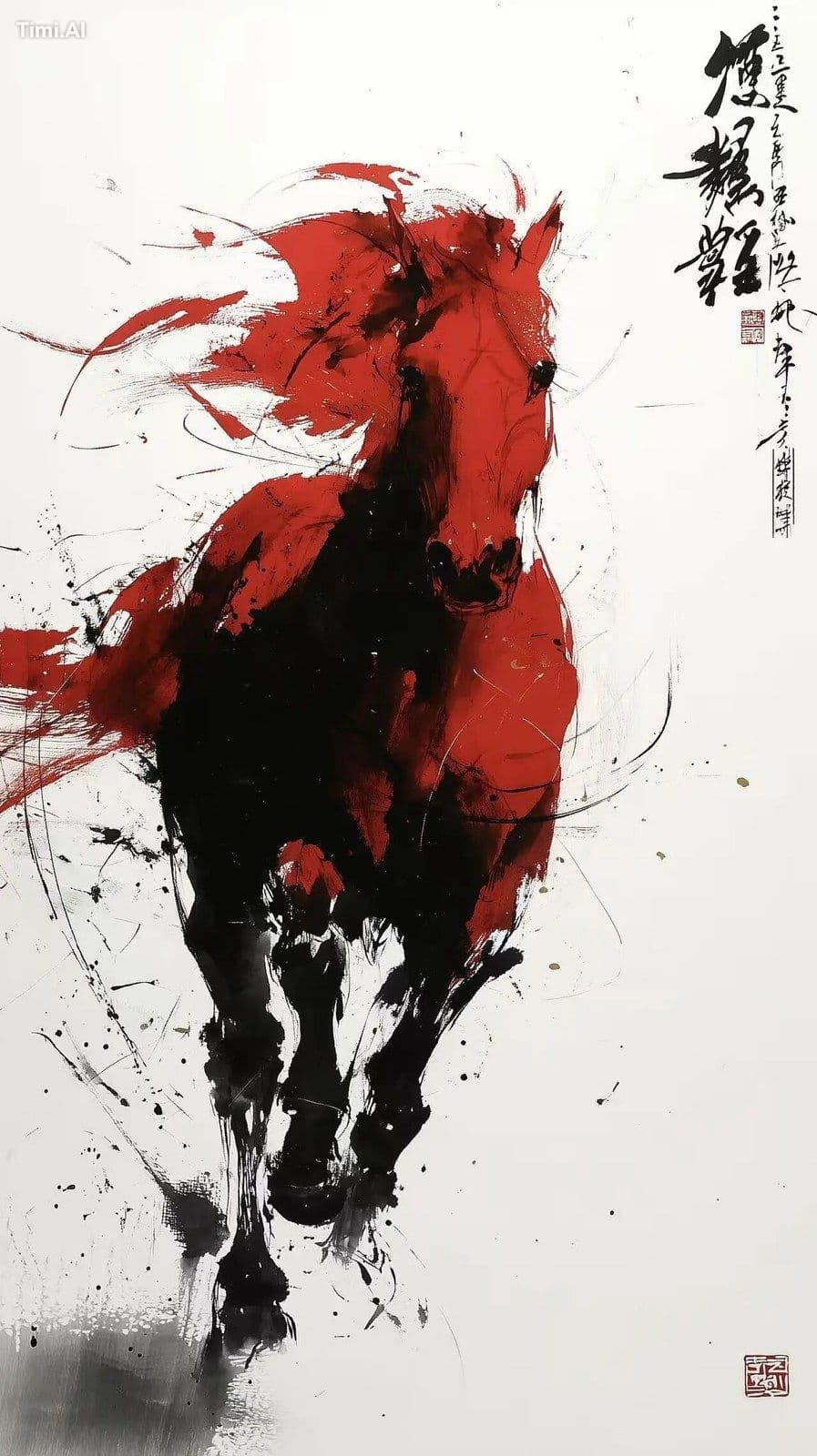 a red horse with golden, glittering hair, galloping through