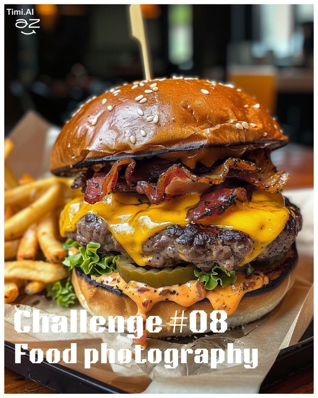 food photograph of a large cheeseburger with bacon, cheddar