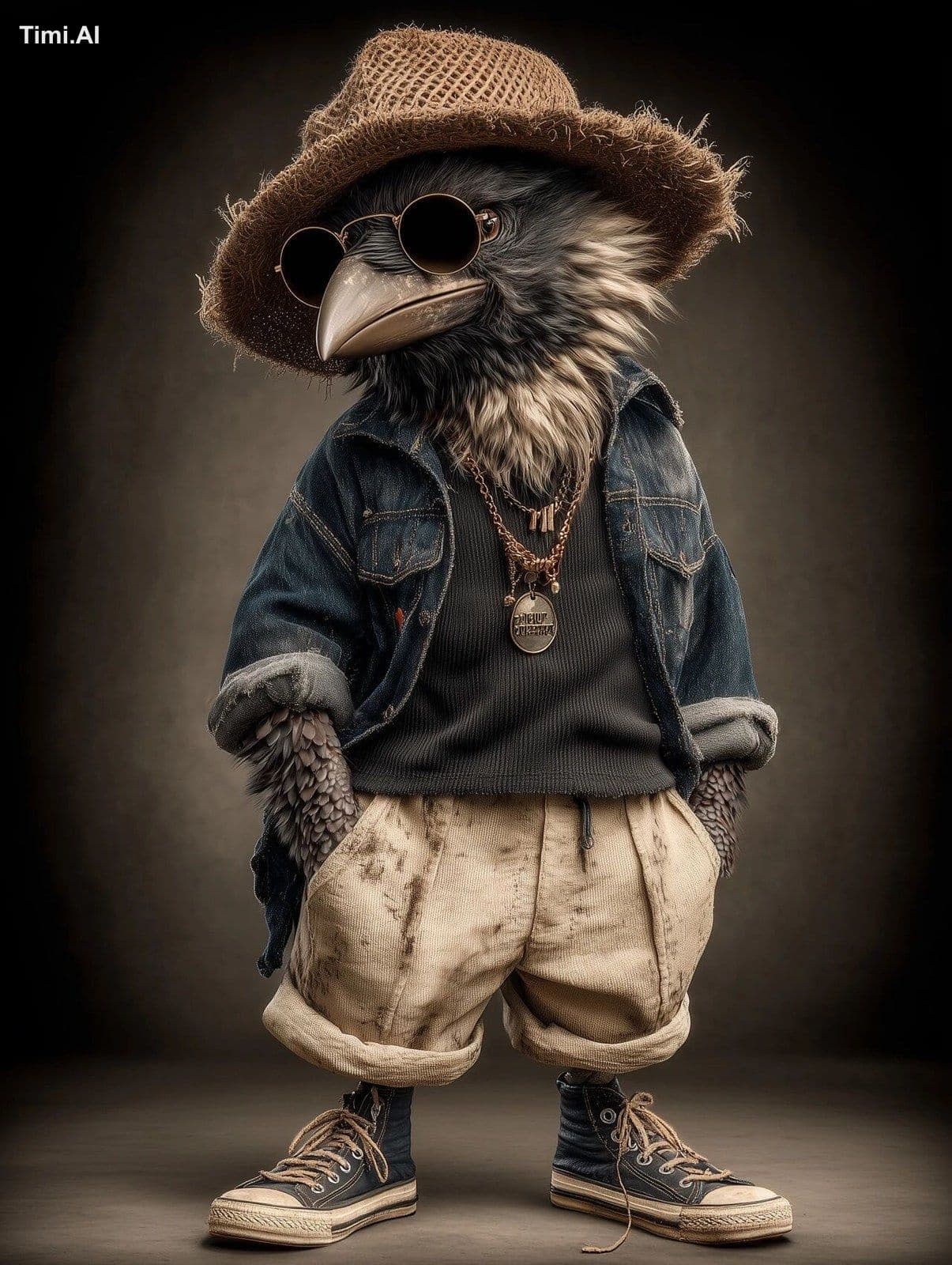 3D anthropomorphic crow with hat realistic skin texture and