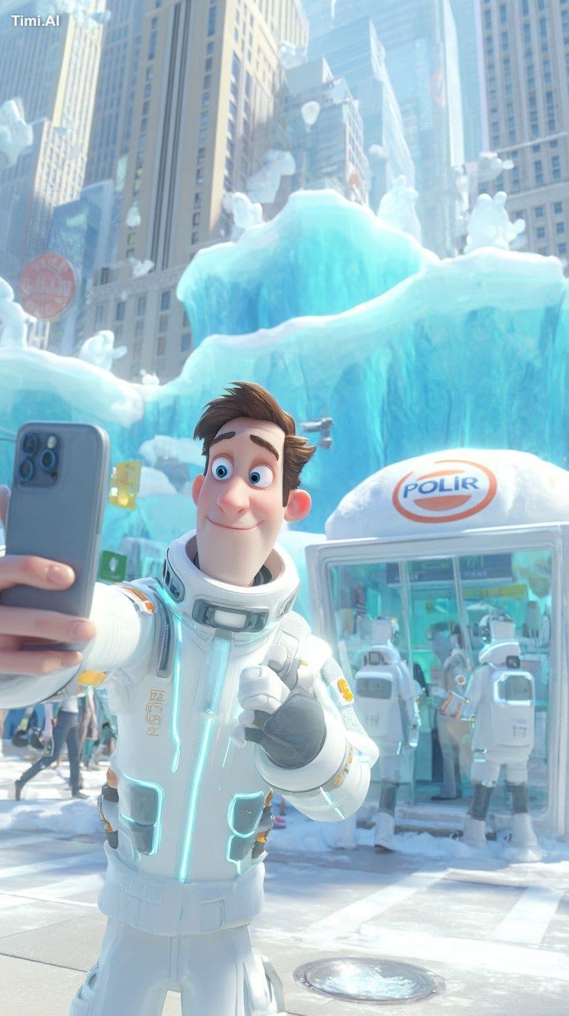 3D cartoon animation styleThe character holds a selfie stick