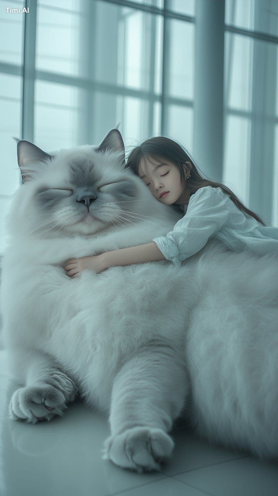 The scene is in Shanghai, with a giant pure gray Ragdoll cat