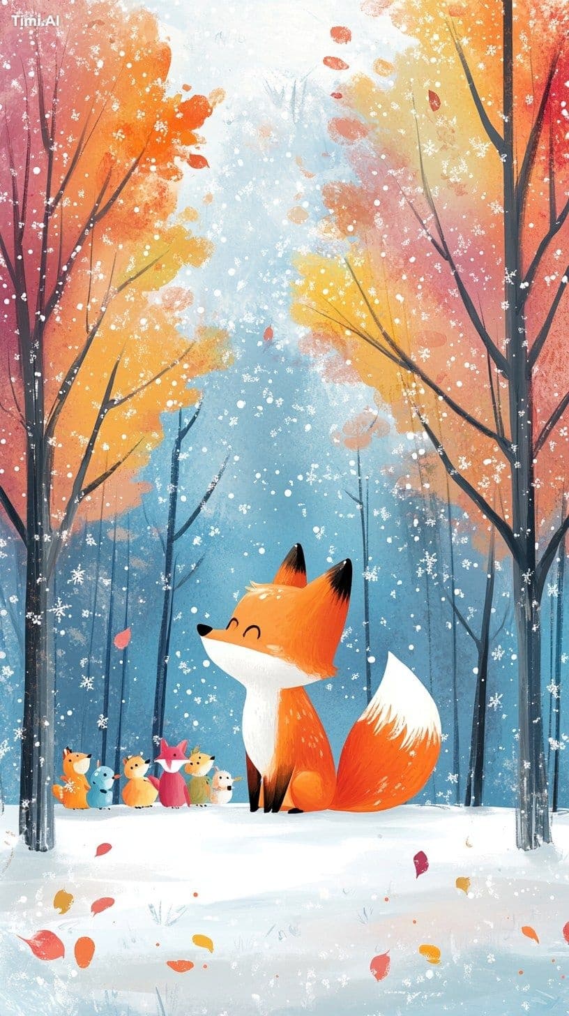 A cartoon fox learns to paint and decorates a snowy forest w