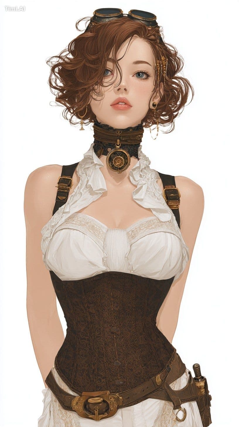 torso and head of a visual novel dystopia steampunk young wo