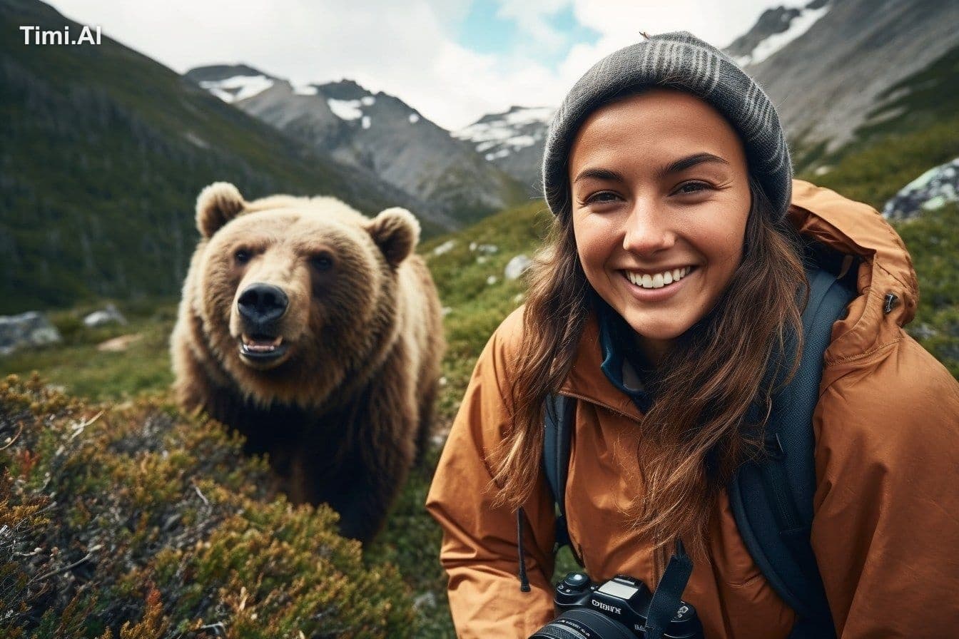 female mountain hiker takes photo with a smiling grizzly bea