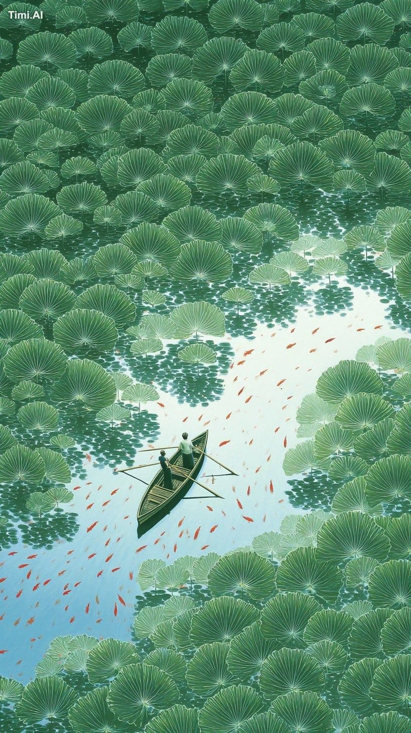 A painting depicting an overhead view of a pond covered with