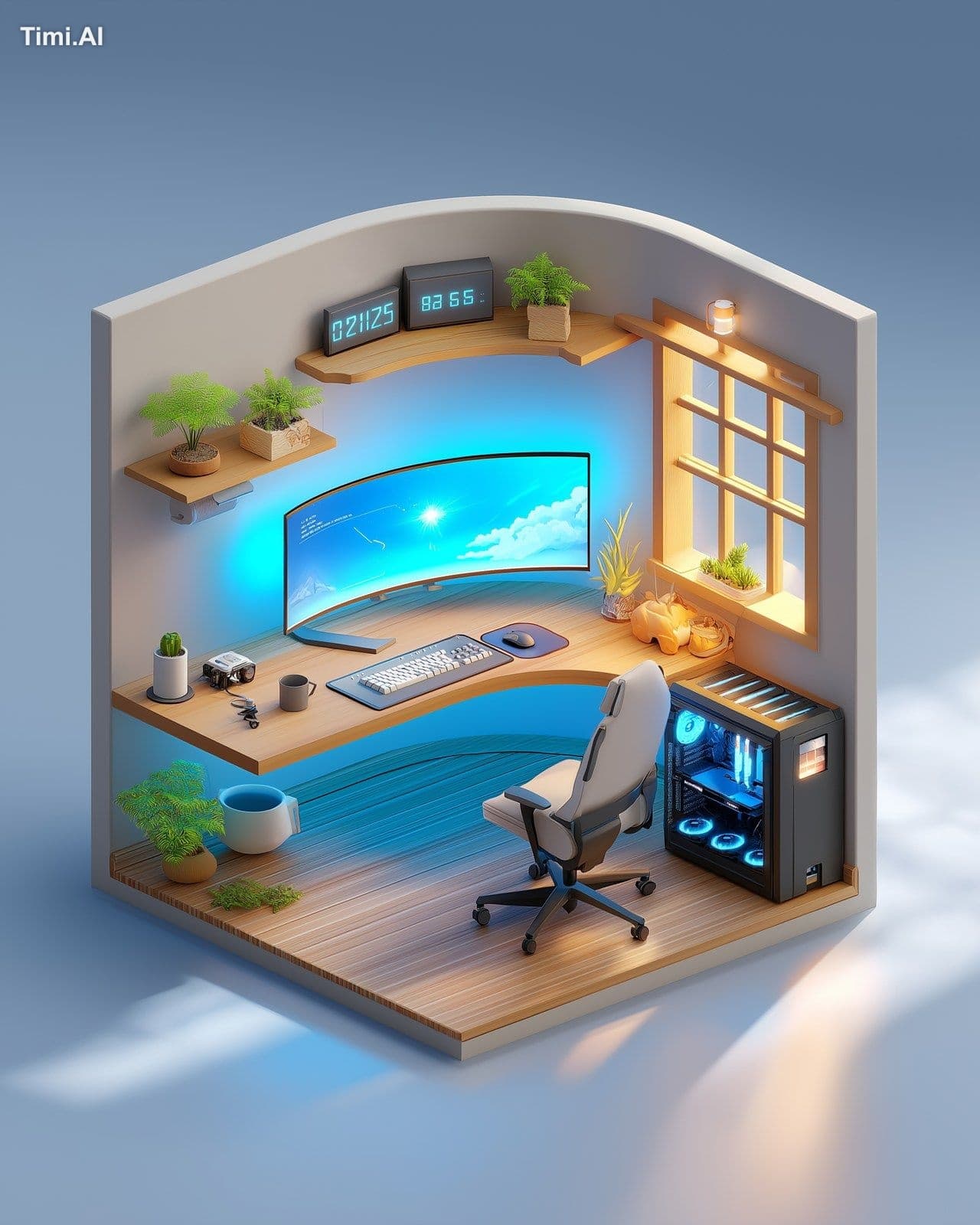 isometric 3d render of a modern productivity desk setup with