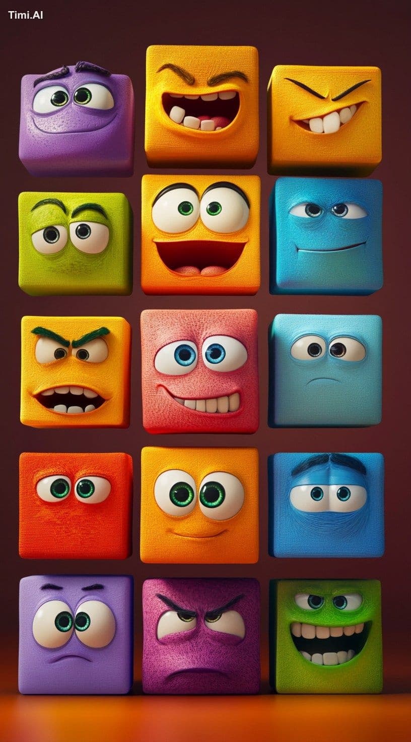 A poster of different dumn faces in cubes, in the style of P