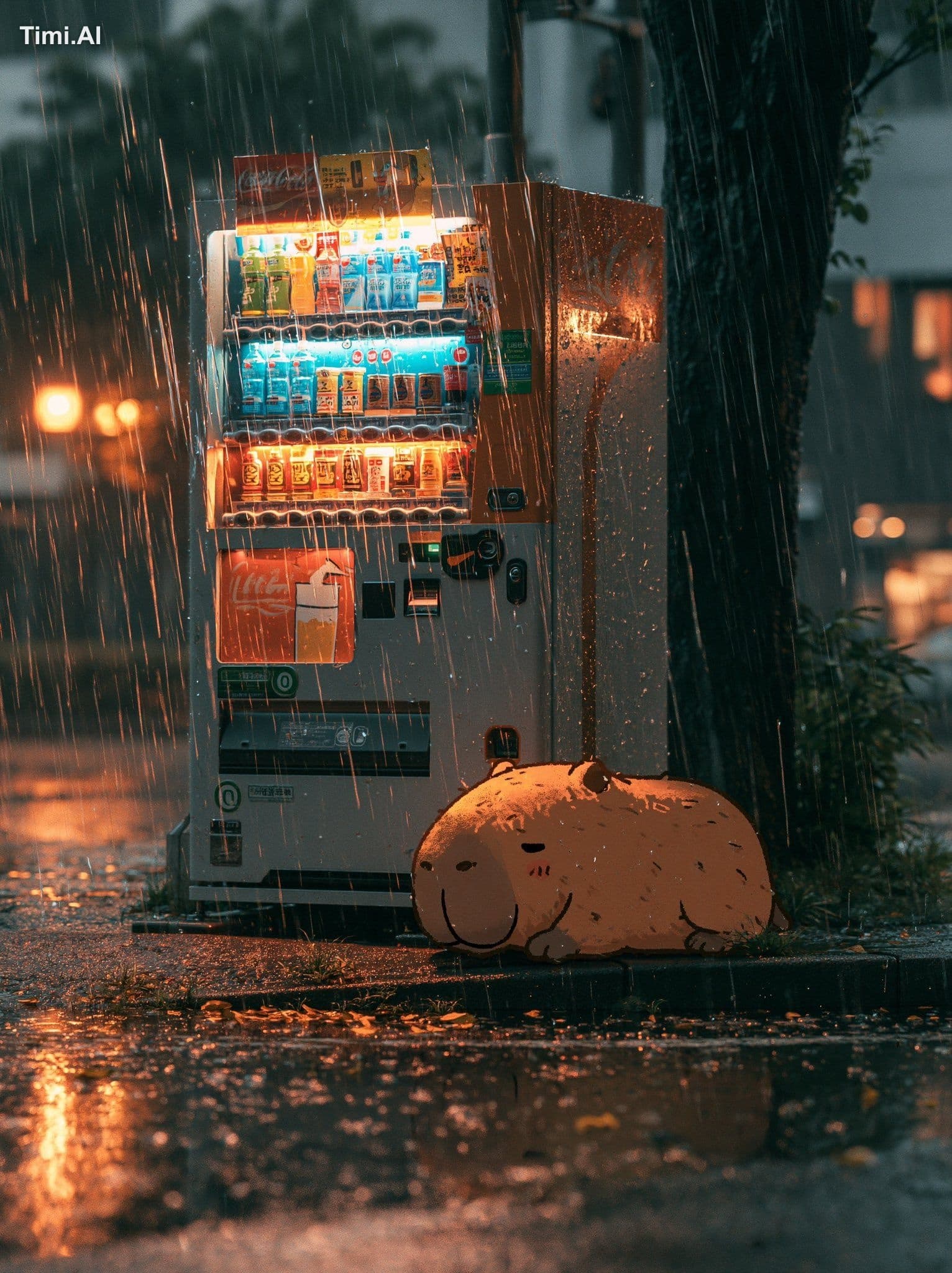 a 2D cartoon-style sticker cute capibara is lying beside a r