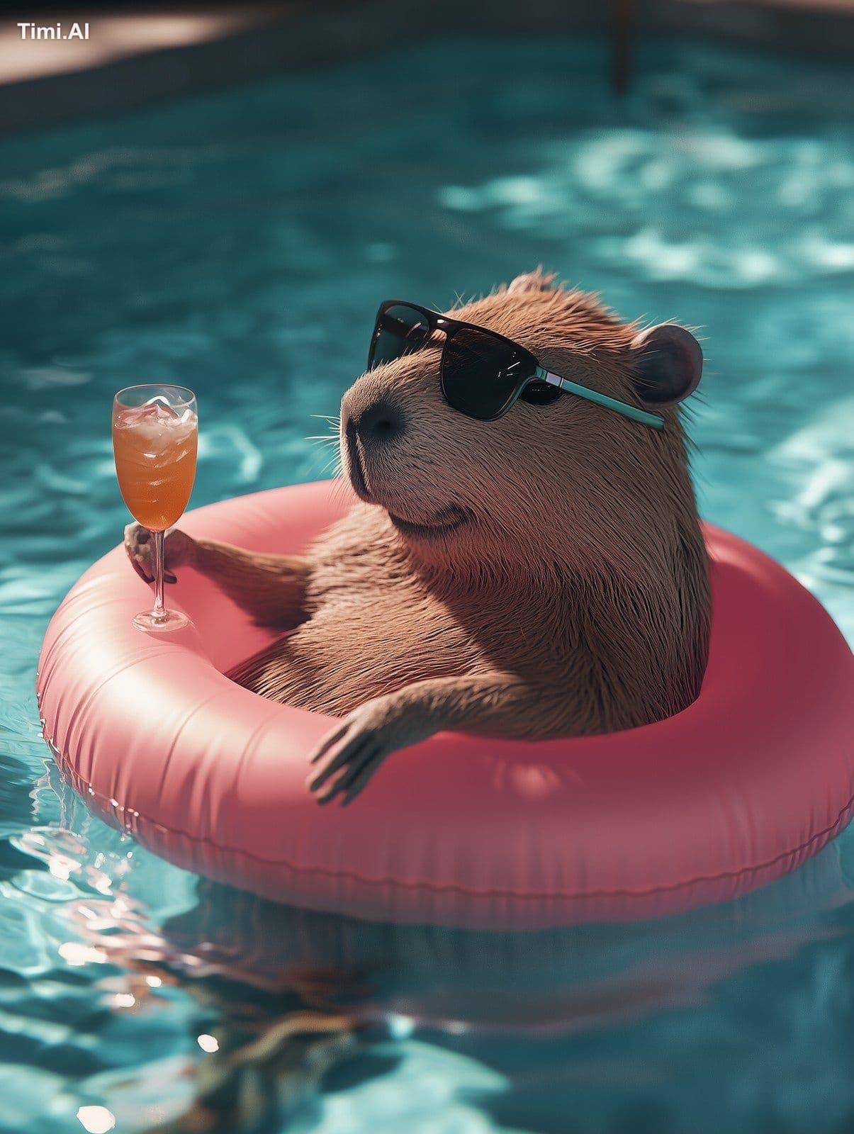 A capybara, in an inflatable pink flamingo ring, is relaxing