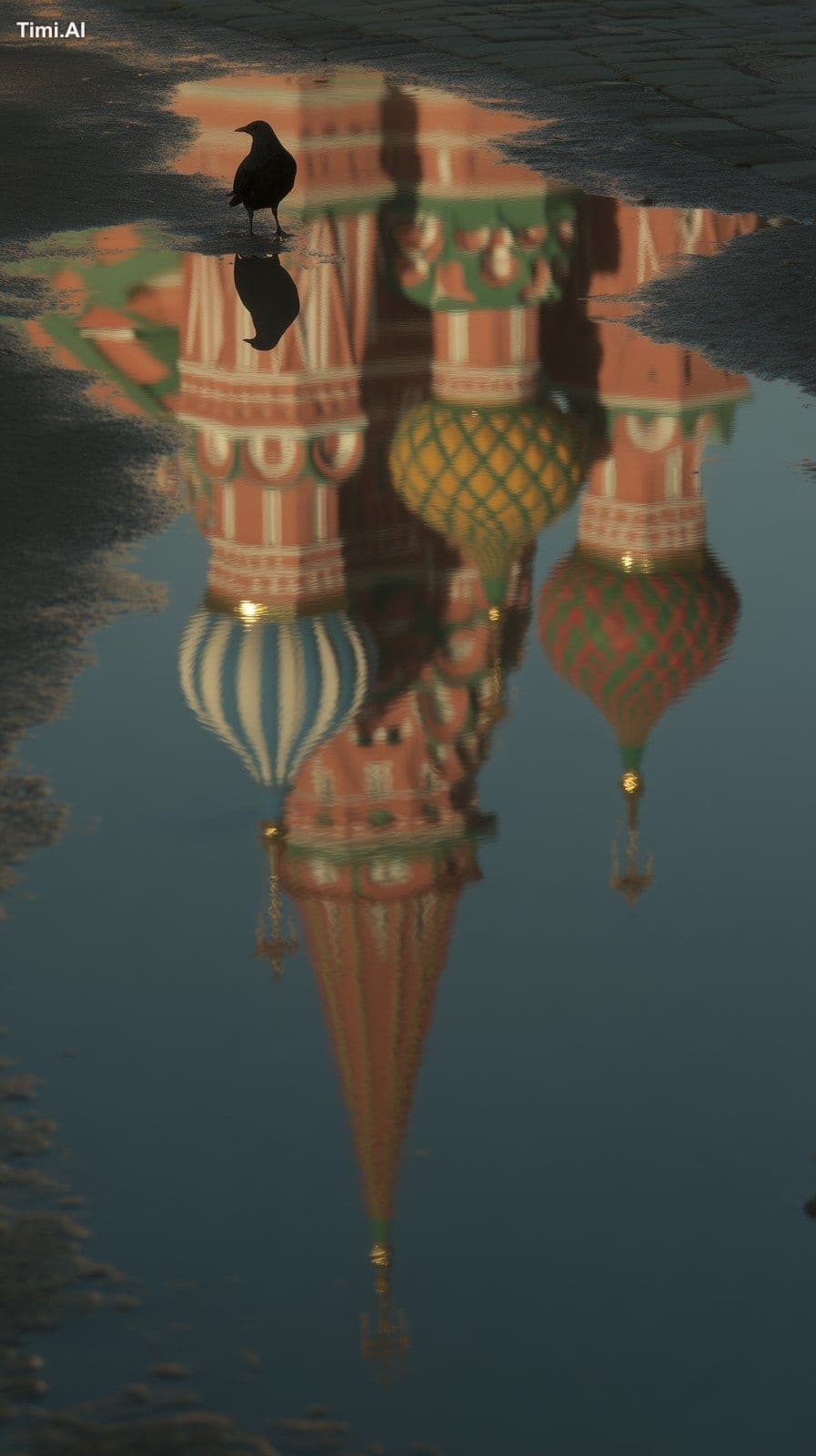 A puddle of water on the street reflects St. Basil's Cathedr