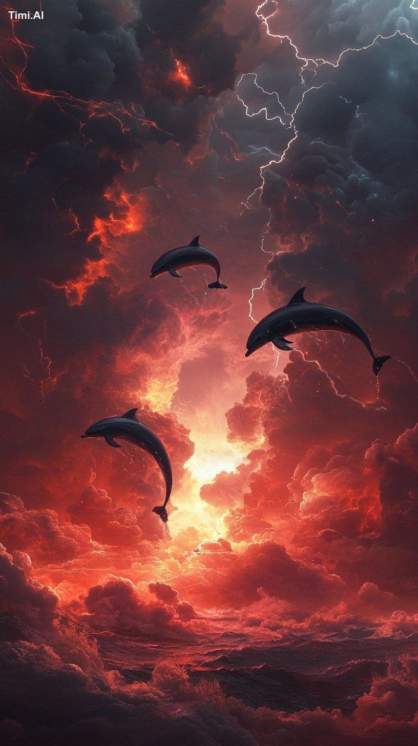 In the vast sea, dolphins rushed out of the sea, splashed wa