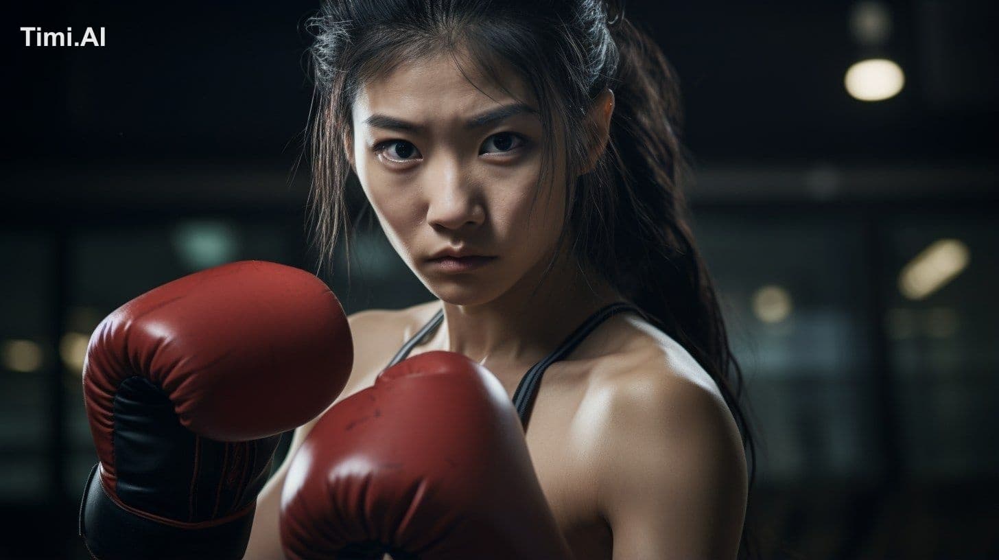 Close up of boxer boxing position wearing boxing gloves. Asi