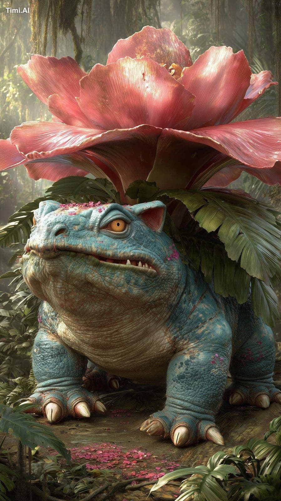 A hyper-realistic Venusaur in a dense jungle, resembling a p