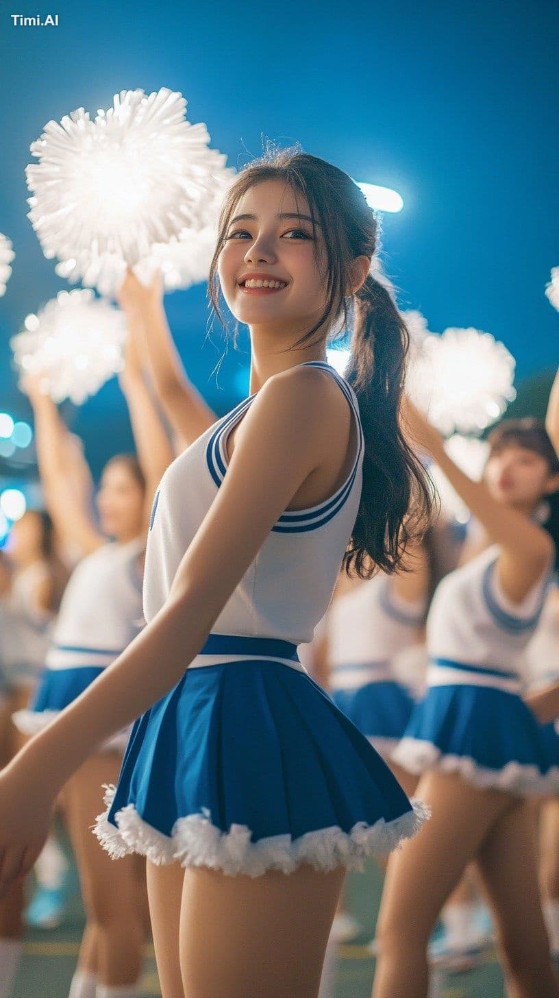 Dainty Japanese girl, smiling, front view, standing, above k