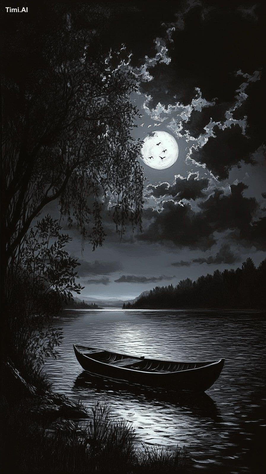 beautiful black lake and boat with black sky, black hour, da