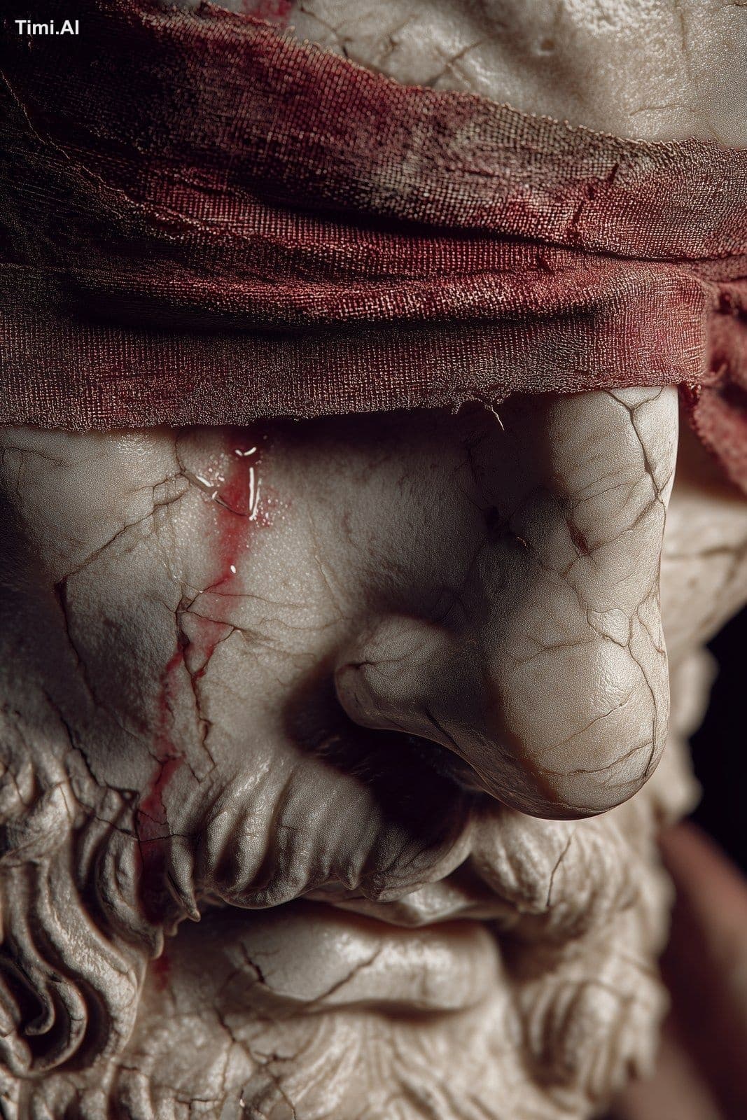 a close-up marble statue of Oedipus, carved from pale cracke