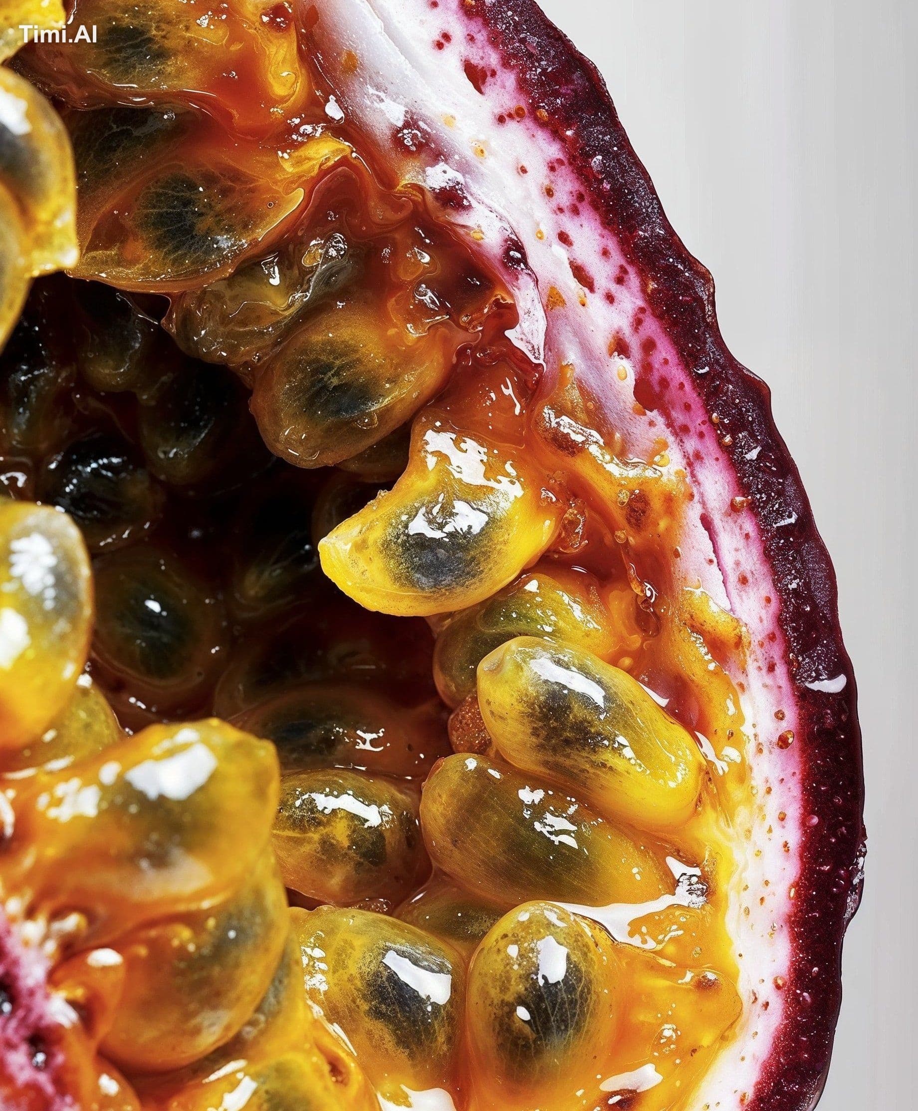 A freshly cut passion fruit is the subject, positioned centr