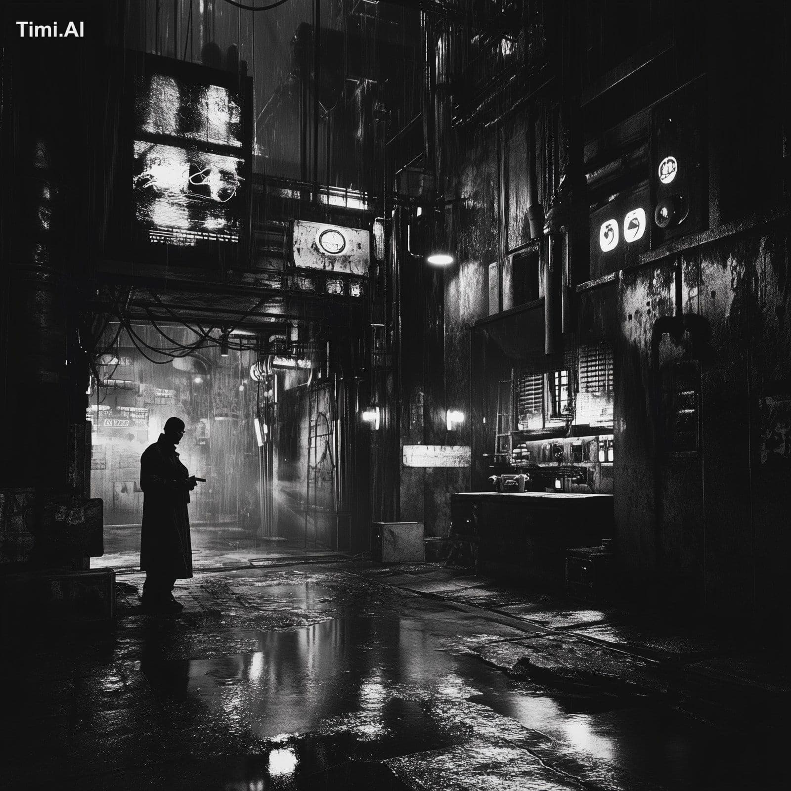 bw solitary figure in a cyberpunk setting, illuminated by mo