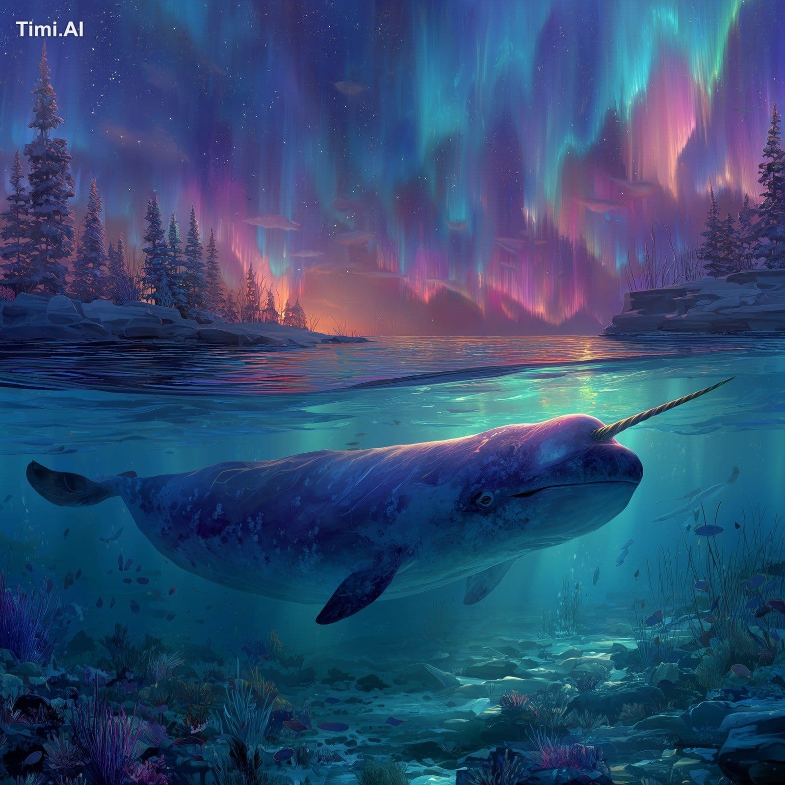 A narwhal in the ocean on winter solstice with Northern Ligh