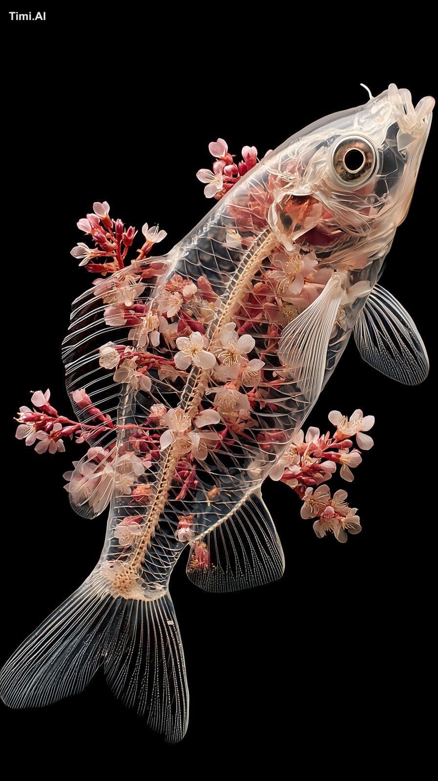A transparent fish with pale pink flowers on its body, again