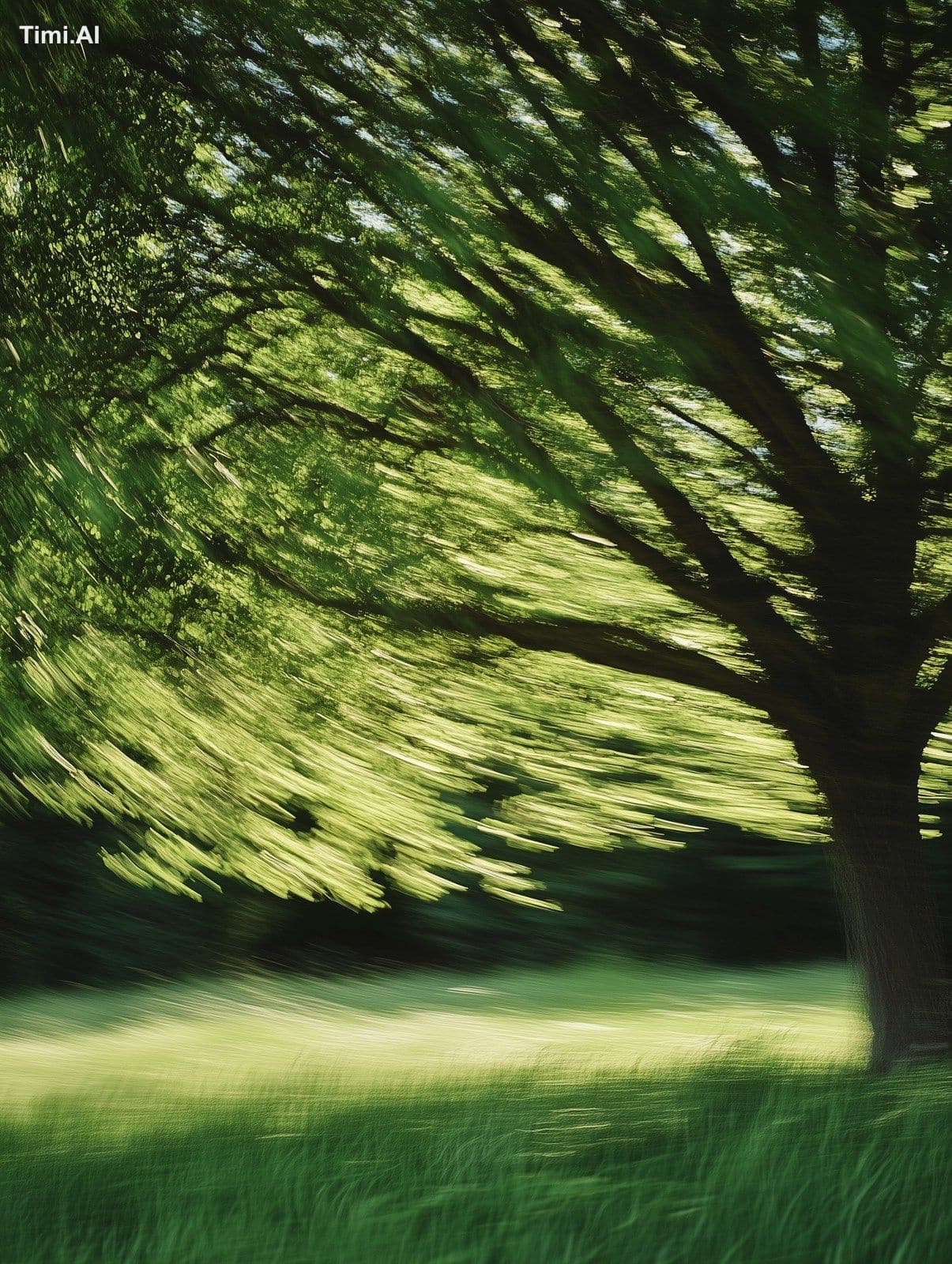 A tree swaying in the wind, with green grass under it. Shot
