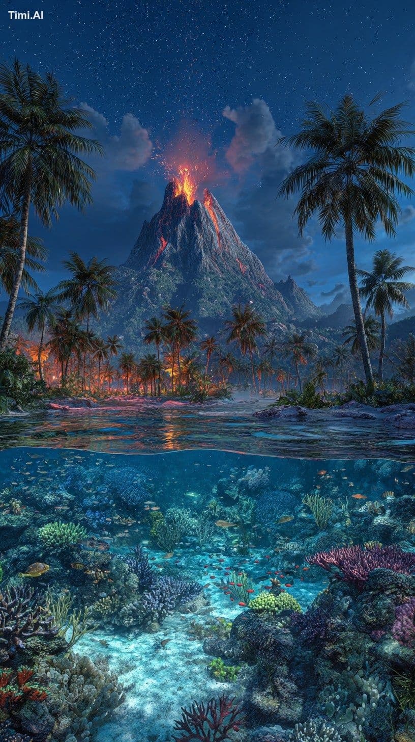 At night, A tropical island located in the center of the oce