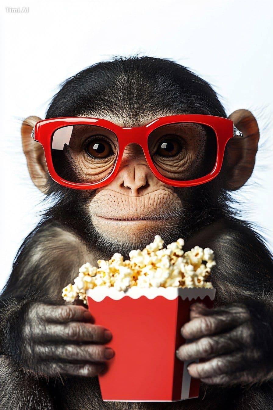 A Monkey wearing red sunglasses, holding popcorn, against a