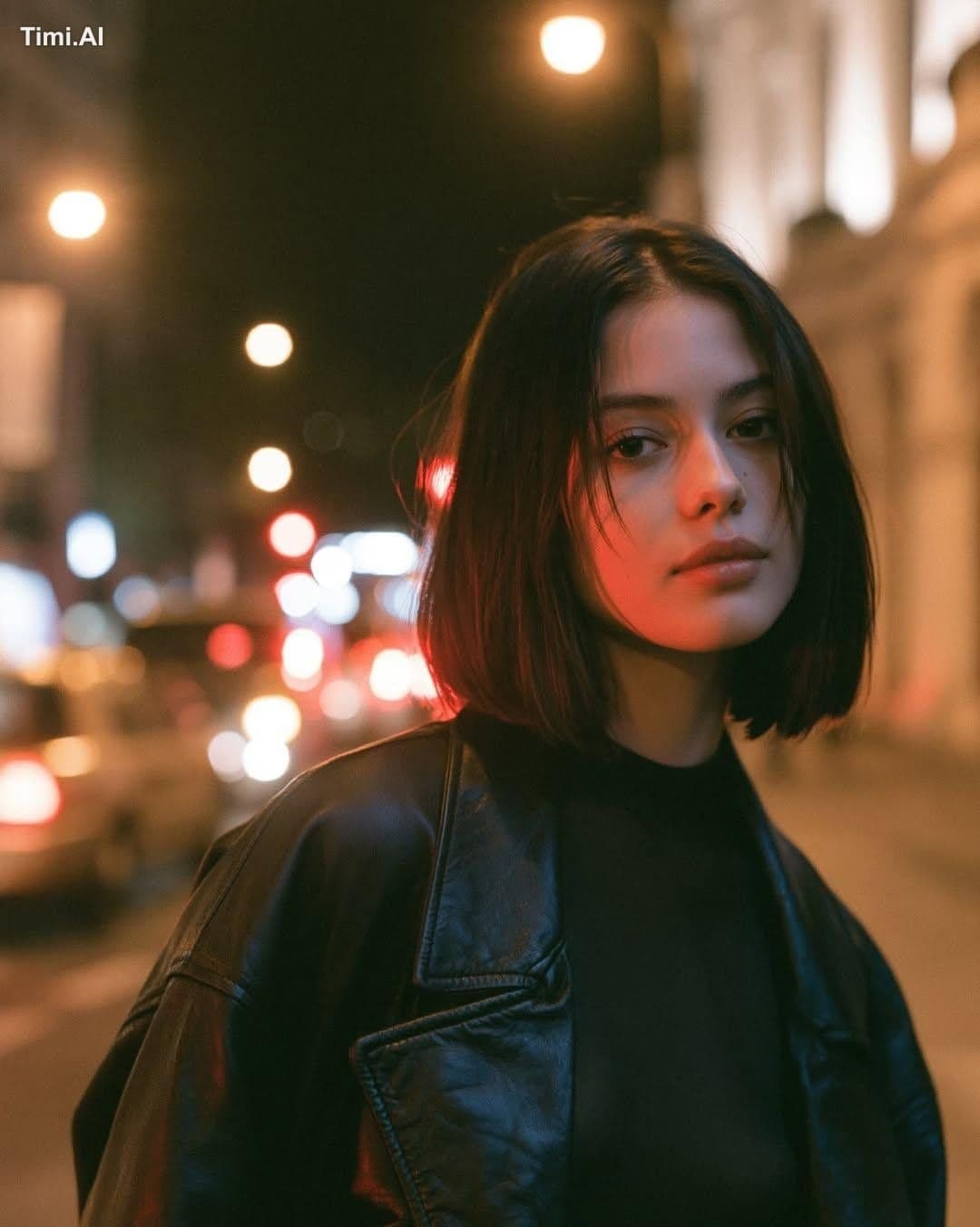 Photorealistic cinematic night portrait of a young woman sta