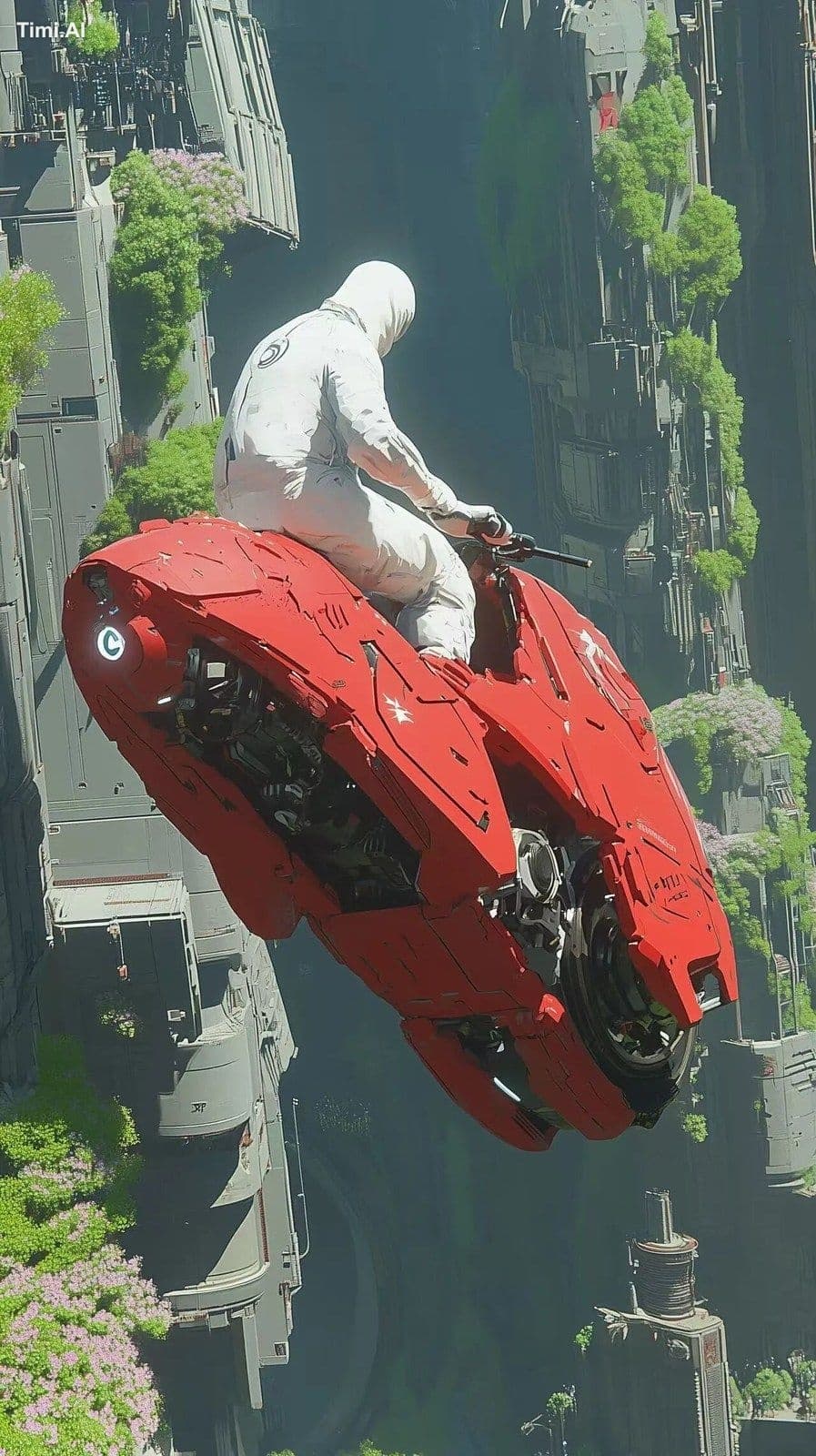 cyberpunk city. A figure in a white costume rides a red Akir