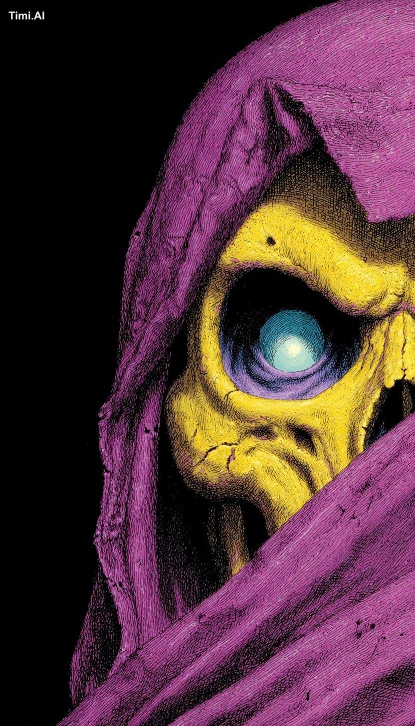 Close-up of Skeletor‘s glowing eyes in his yellow skull, in
