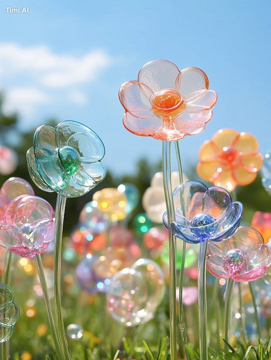 Flowers in a field made from clear light-colored balloons, r