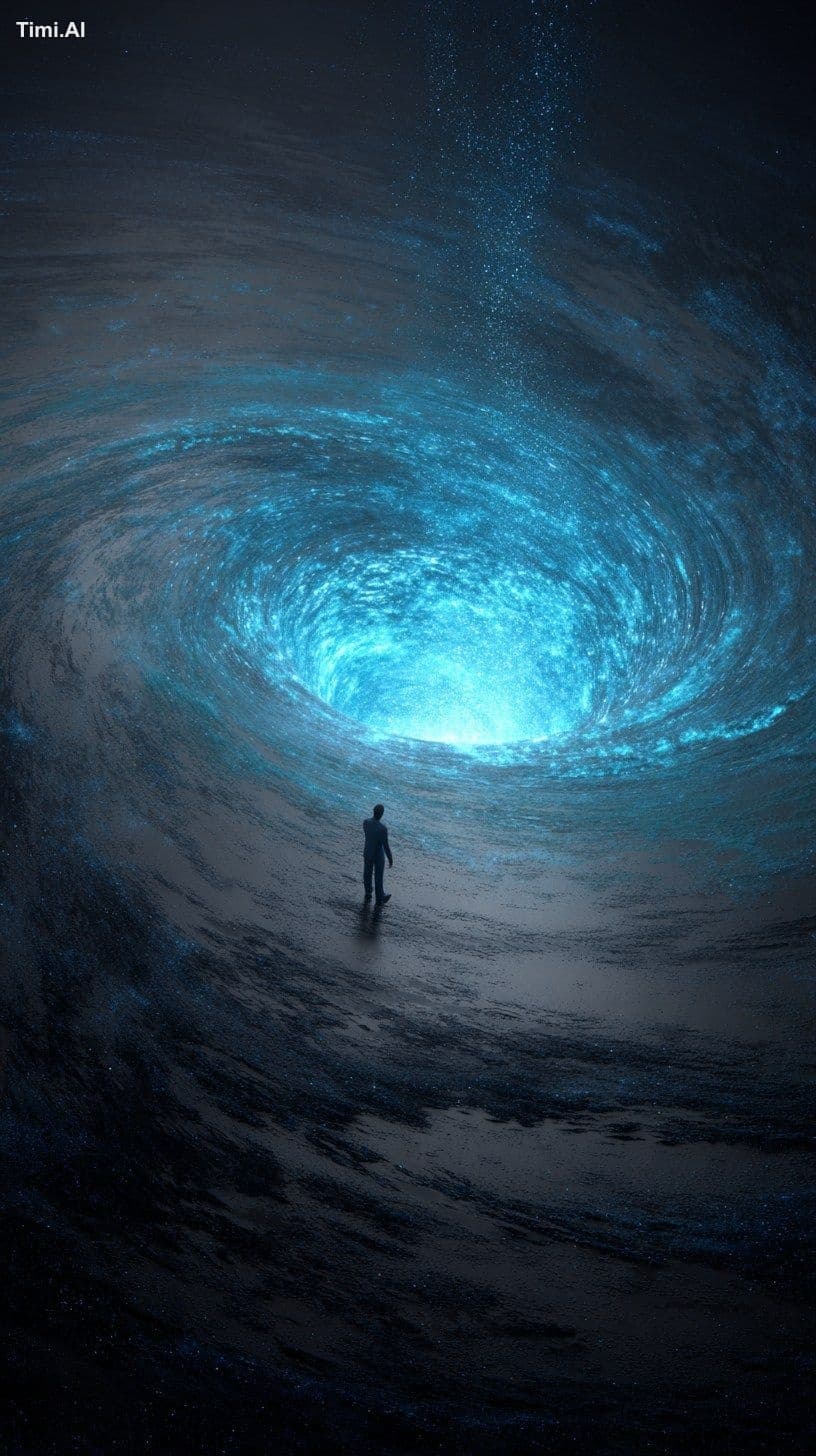 blue hologram in the shpae of a human falling into a spiral