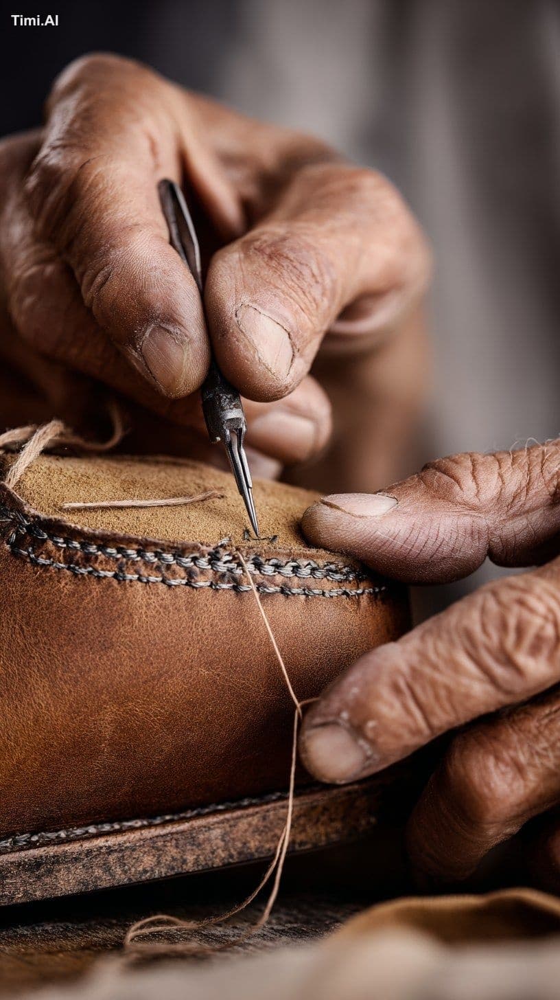 Minimalist stock image of a shoe repair craftsman stitching