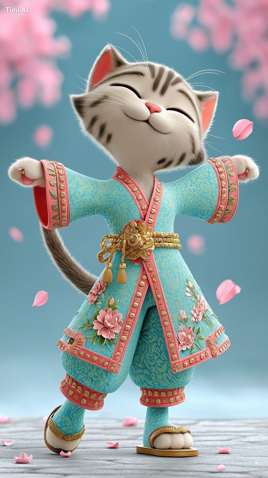 adorable kitten dancing in a traditional Japanese kimono, ch