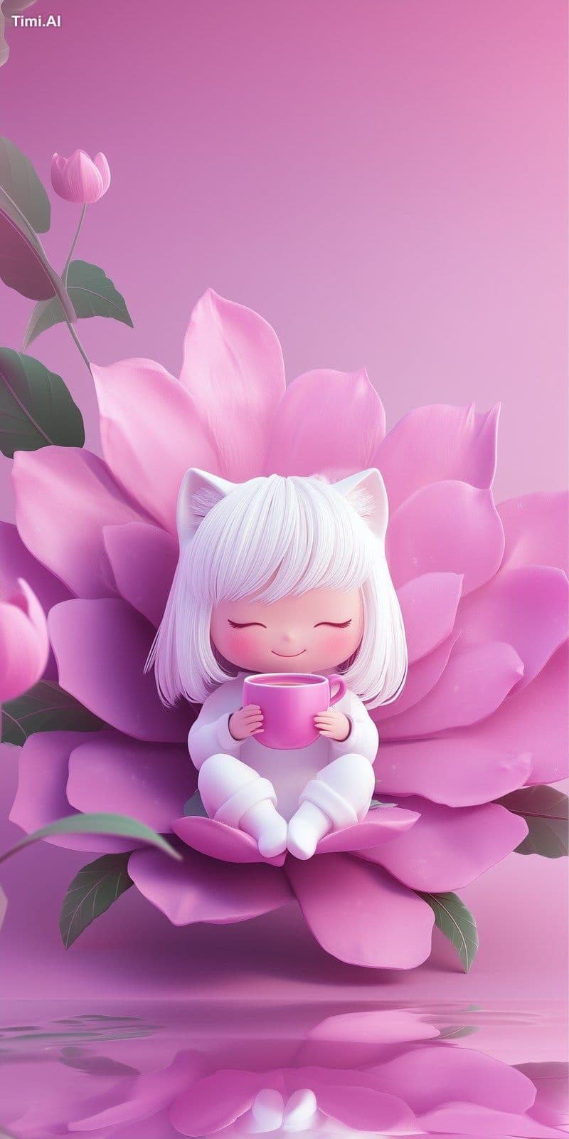 A cute little girl with white hair and cat ears sitting unde