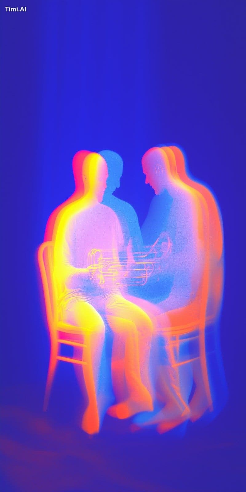 Abstract photography of two men playing the trombone --chaos