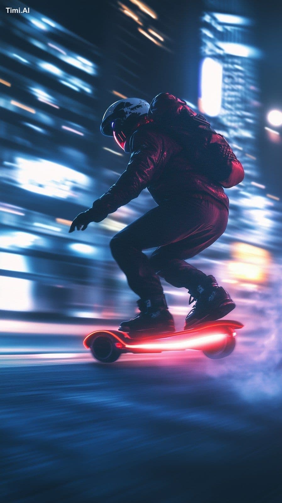 A person dressed in futuristic fashion speeds down the stree