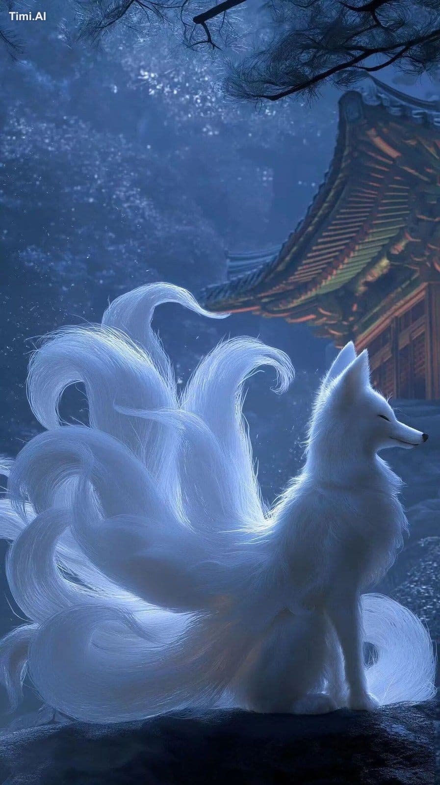A hyper realistic ethereal nine-tailed fox spirit, glowing n