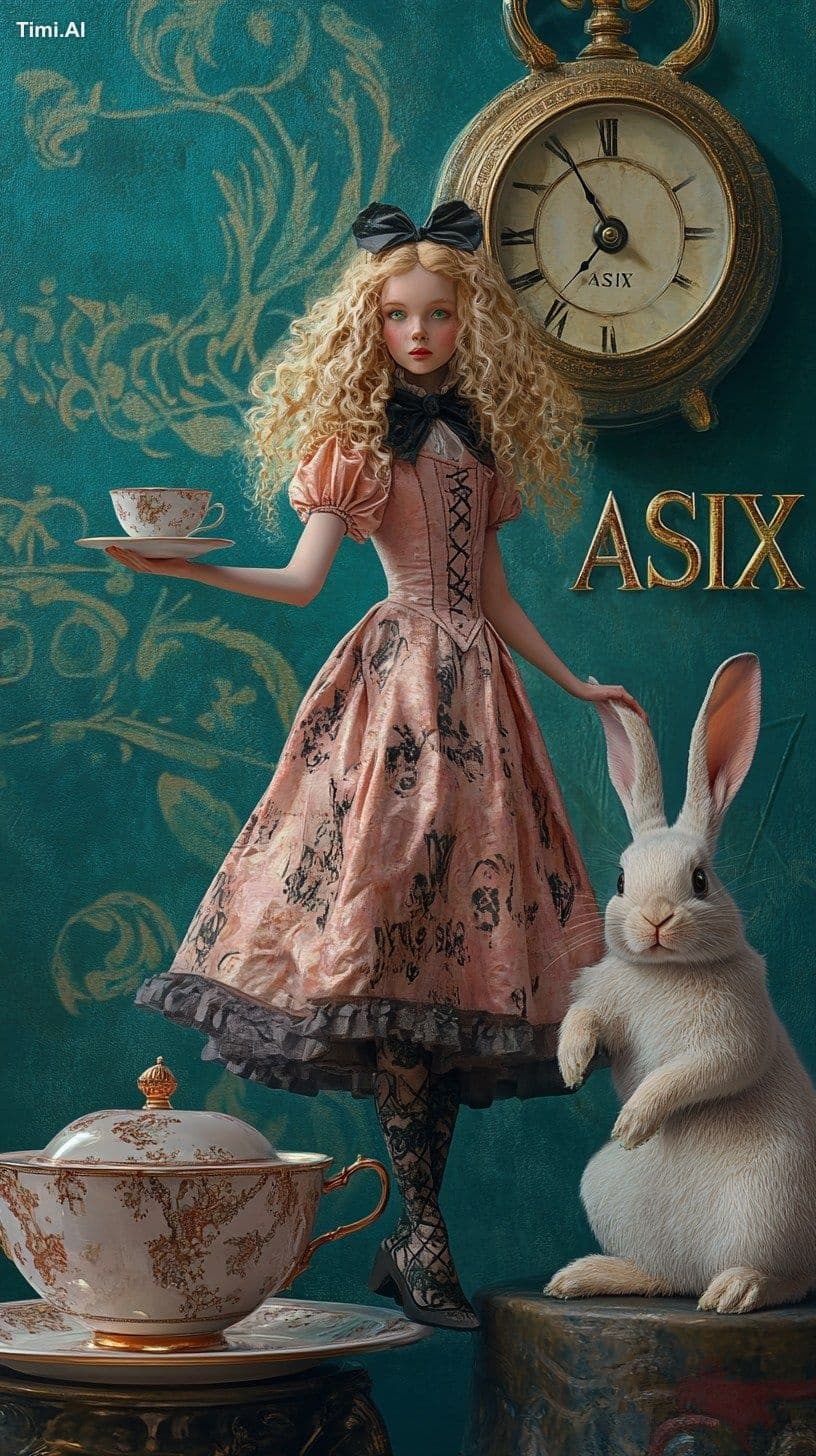 Photorealistic. Alice in Wonderland stands on a saucer next