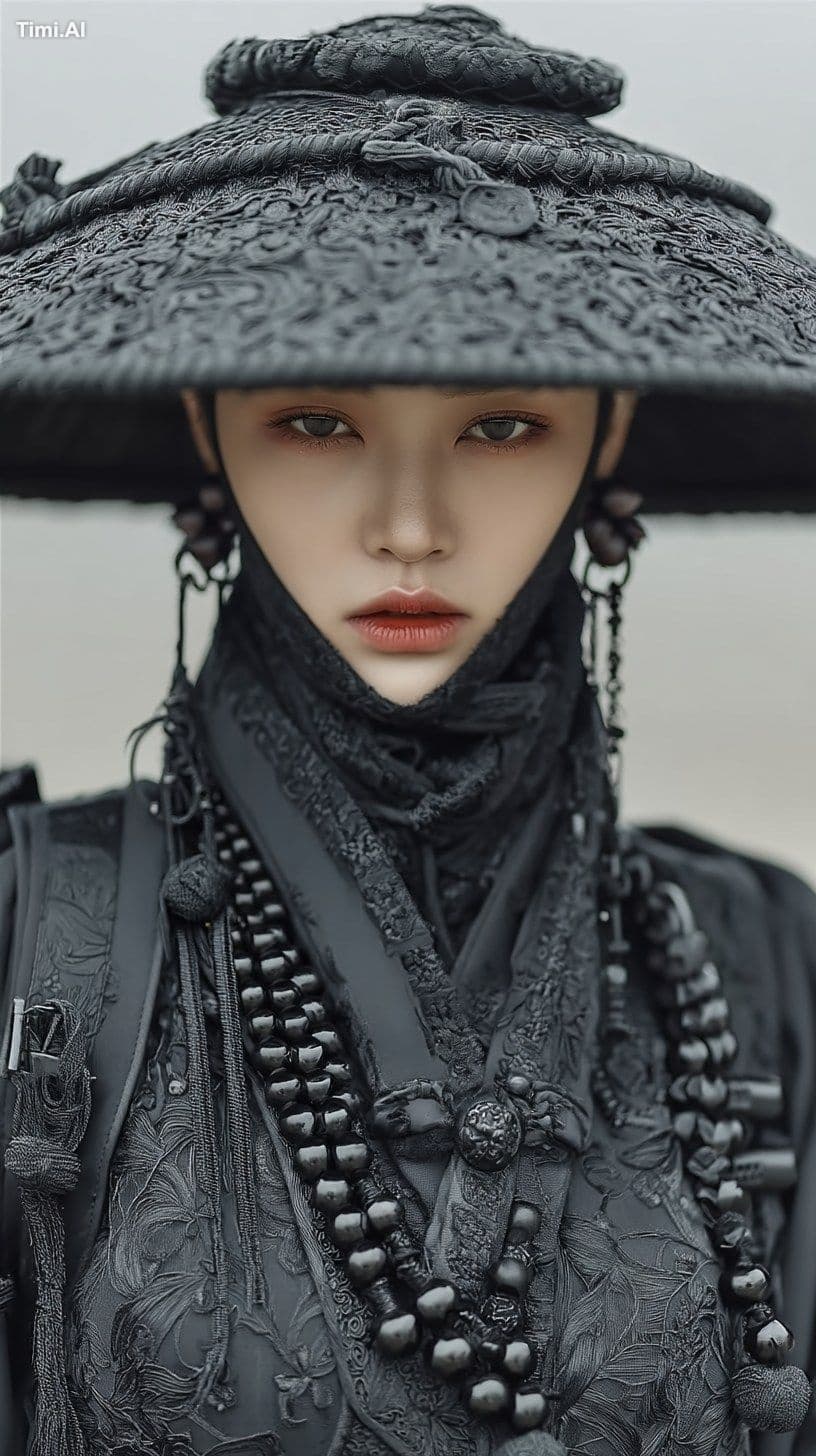 In the thick fog, a young supermodel, wearing black Chinese