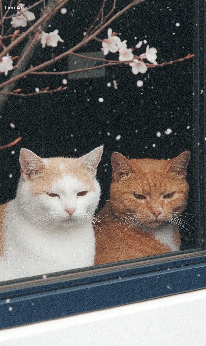 A photograph of Two cats in a cherry blossom tree, backgroun
