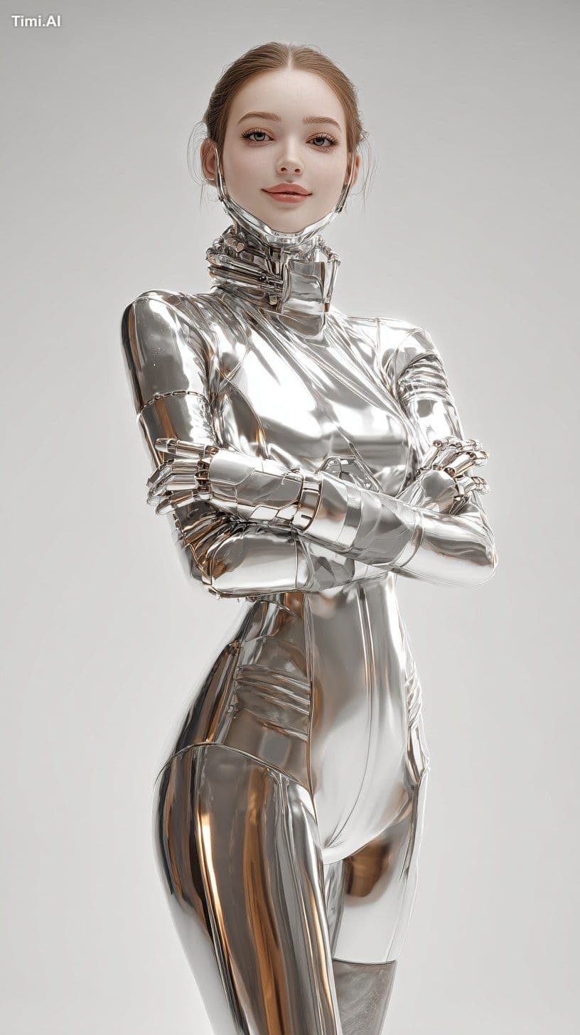 A young woman, dressed in futuristic metallic clothes, looks