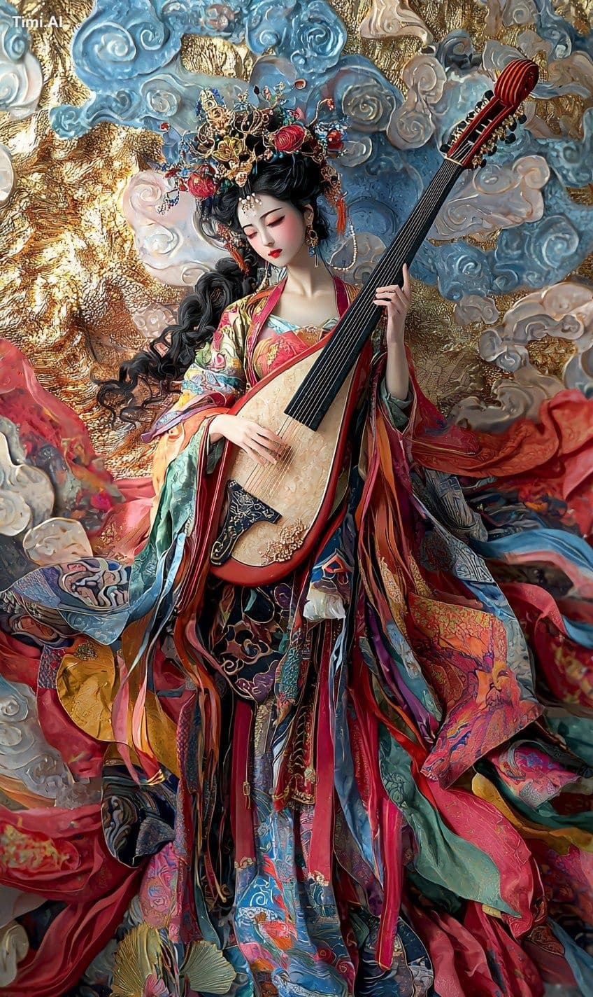 Dunhuang style, a goddess holding an ancient Chinese pipa st