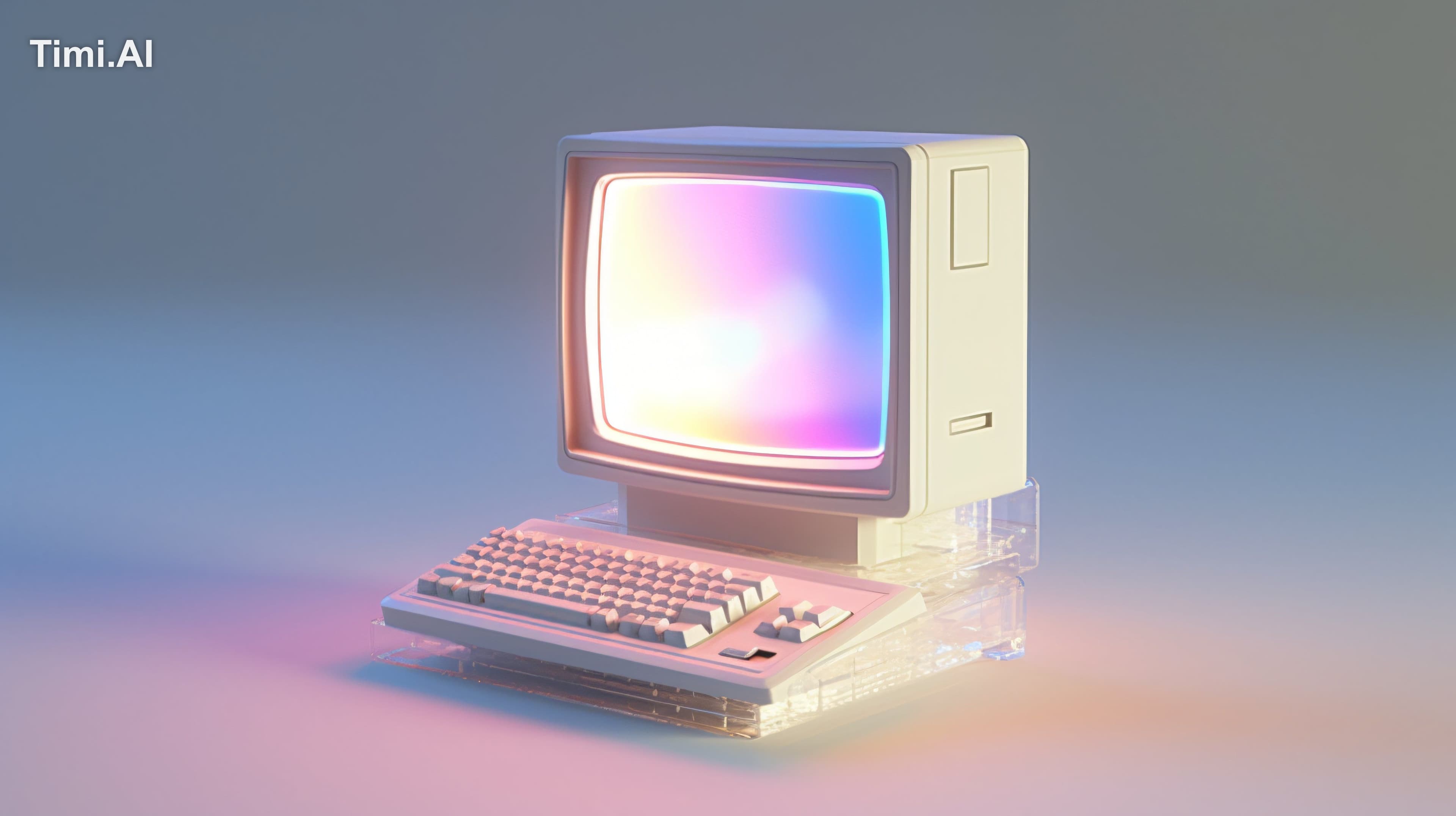 Old computer, gradient translucent glass melt, laser effect,