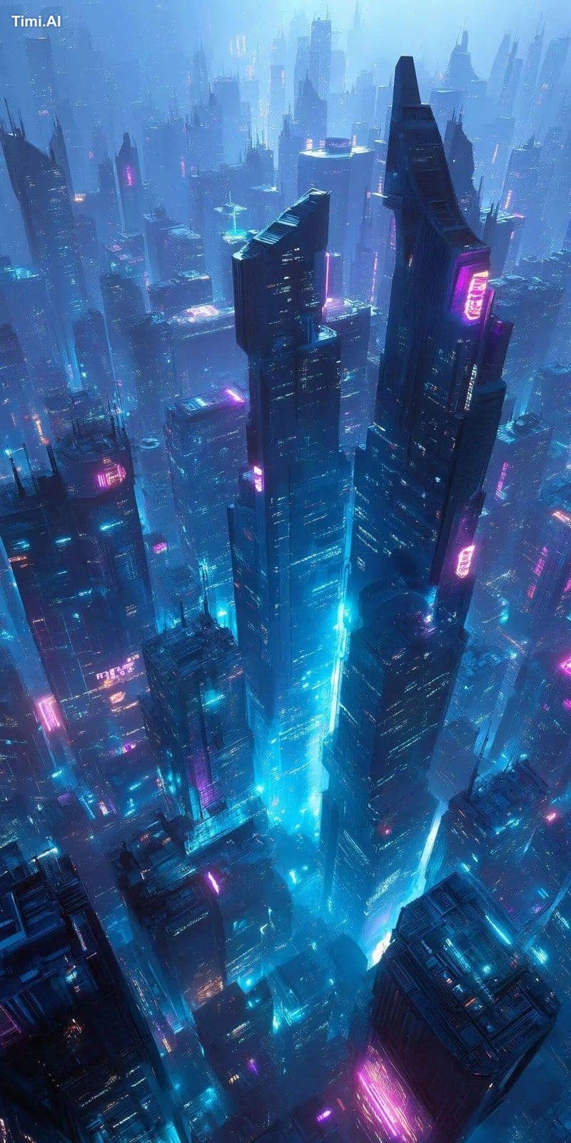 futuristic cityscape from above, glowing towers, flying cars