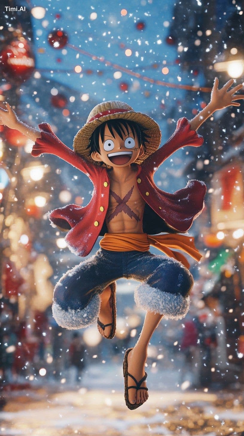 one piece LUFFY enjoying Christmas, snowing, super realistic