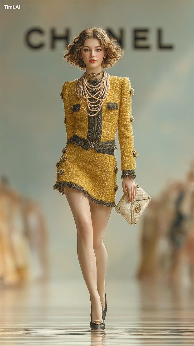 A hyper-realistic full-body runway photo of a 20-something f
